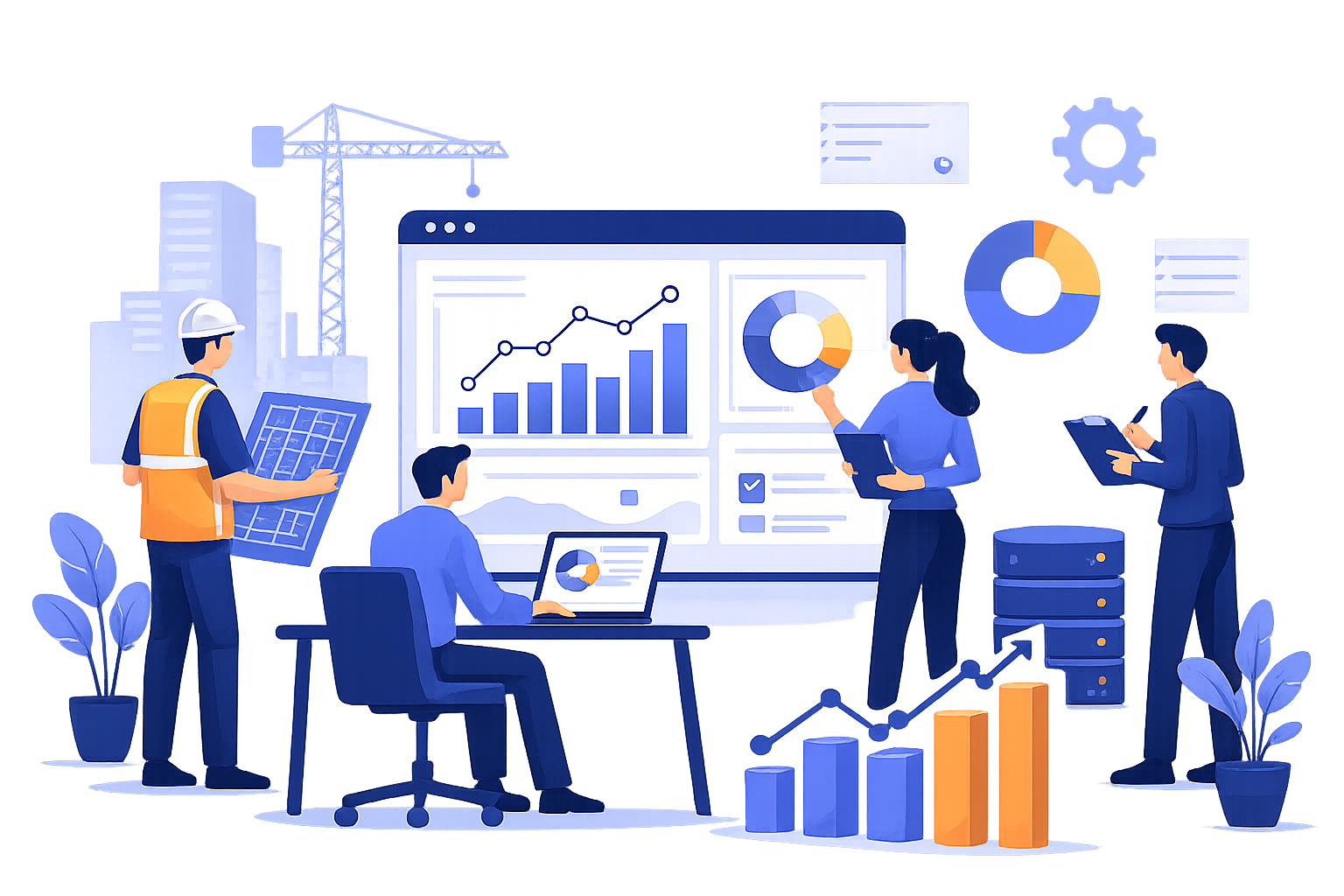 Equipe de engenharia analisando dados
